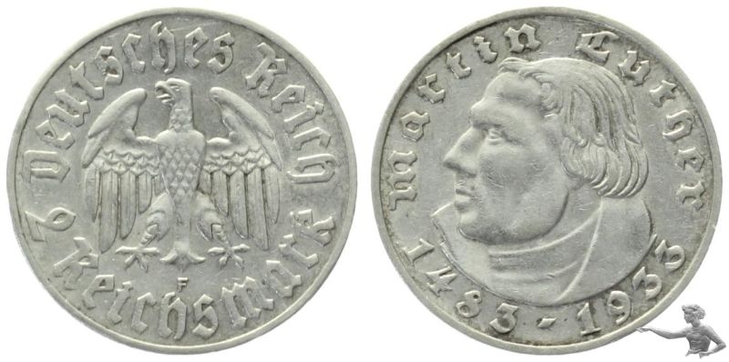 3. Reich 2 Mark 1933 F Luther zum 450sten Geburtstag